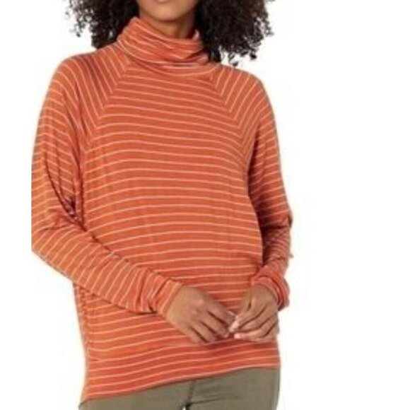 PrAna Sol Protect Turtleneck sz XL women relaxed fit pockets gingerbread stripes - Picture 1 of 12
